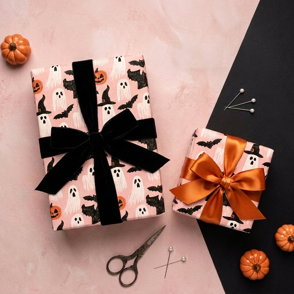 Pink Halloween wrapping paper with cute ghosts and bats on gift boxes by Wrapped Studios.