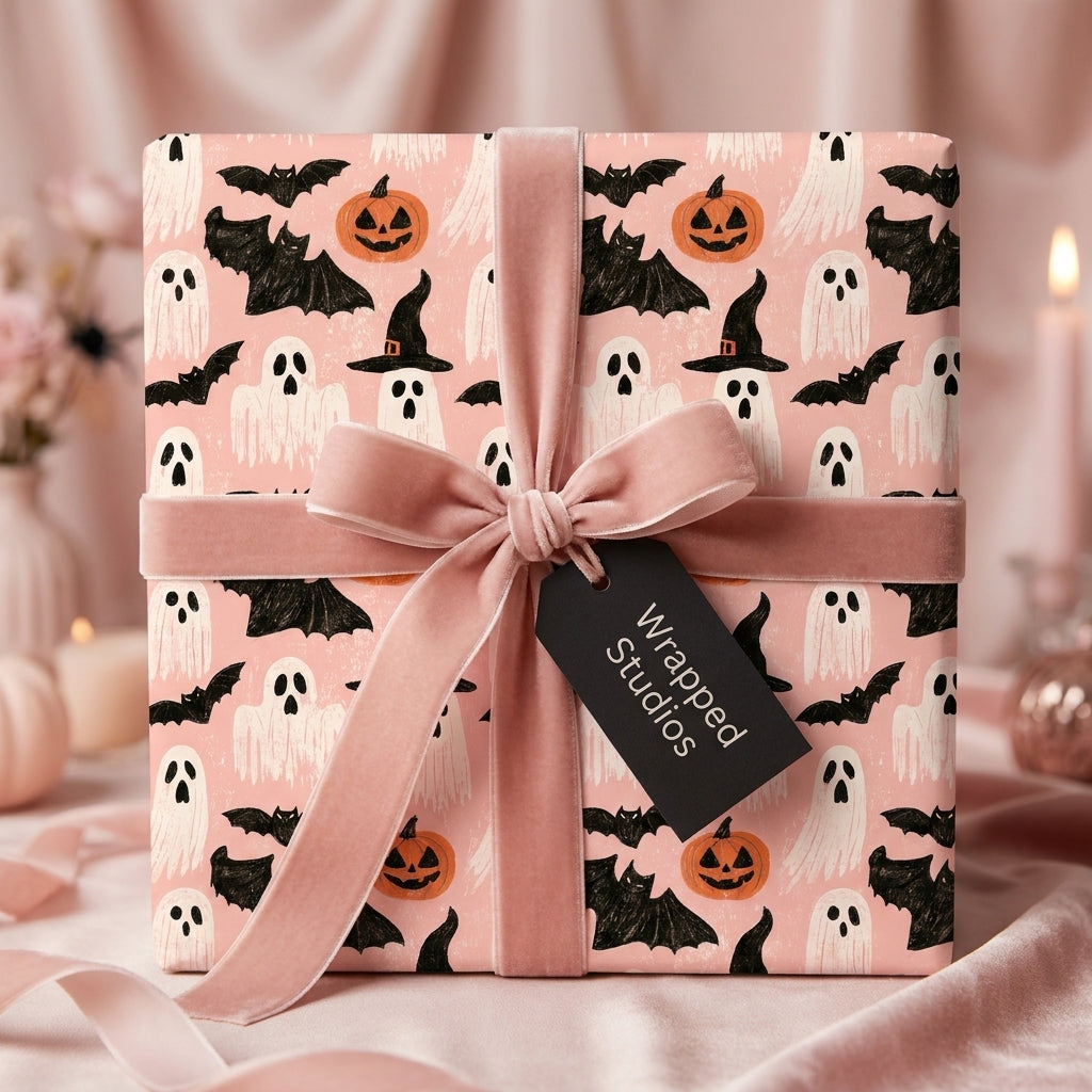 Pastel pink Halloween gift wrap with cute ghosts and bats, tied with a dusty pink velvet bow by Wrapped Studios.
