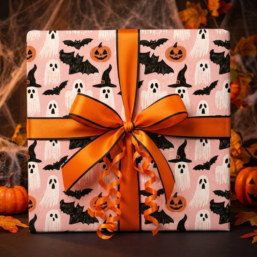 Pink Halloween wrapping paper with cute ghosts and pumpkins, tied with an orange bow by Wrapped Studios.
