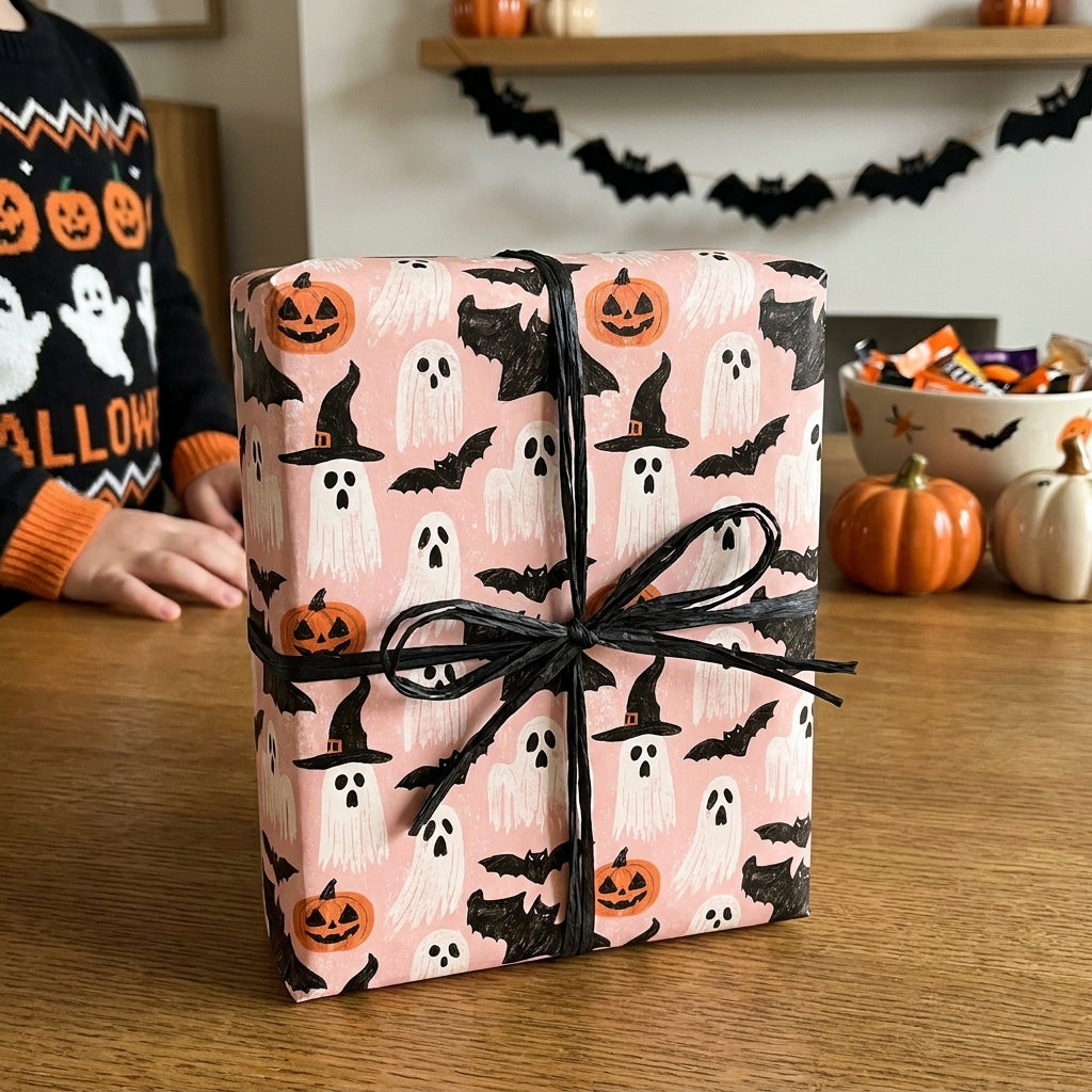 Cute pink Halloween wrapping paper with ghosts and bats on a gift tied with black ribbon by Wrapped Studios.