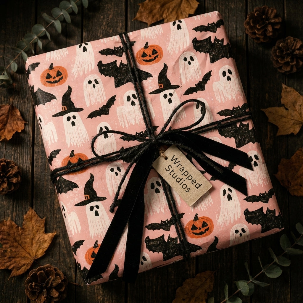 Cute pink Halloween wrapping paper with ghosts and pumpkins, tied with a black ribbon by Wrapped Studios.