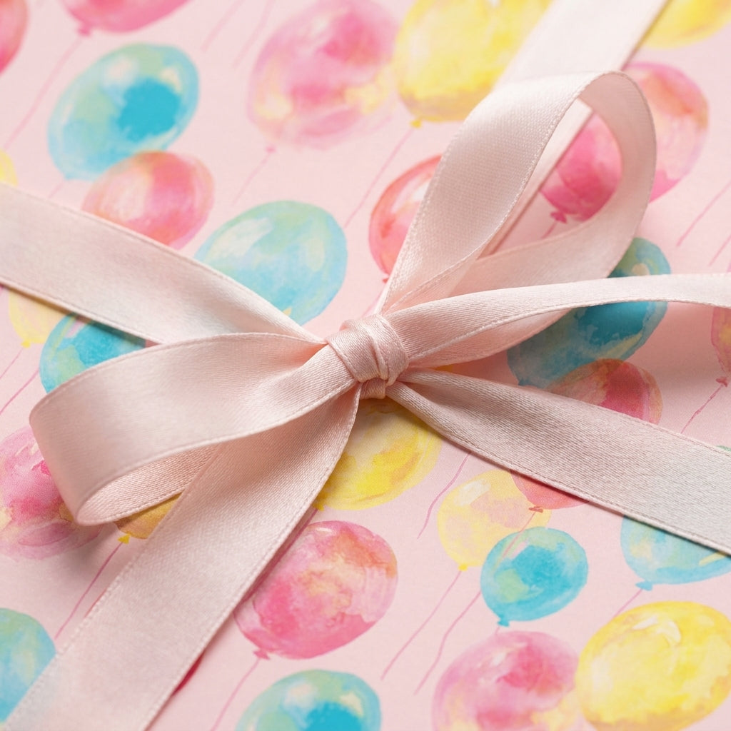 Pastel watercolor balloon birthday wrapping paper with a pink satin bow by Wrapped Studios.