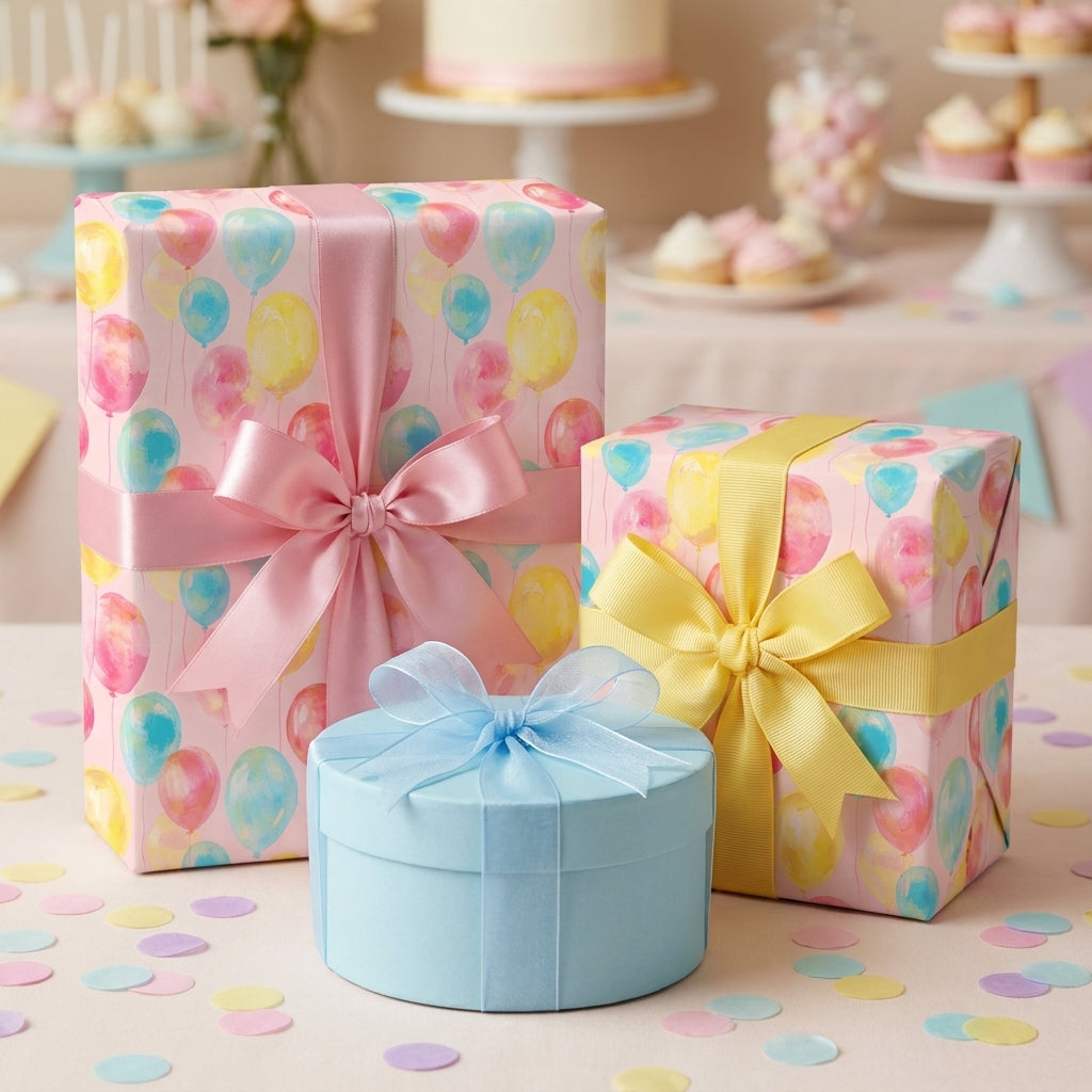 Watercolor balloon birthday wrapping paper on pastel gift boxes by Wrapped Studios.
