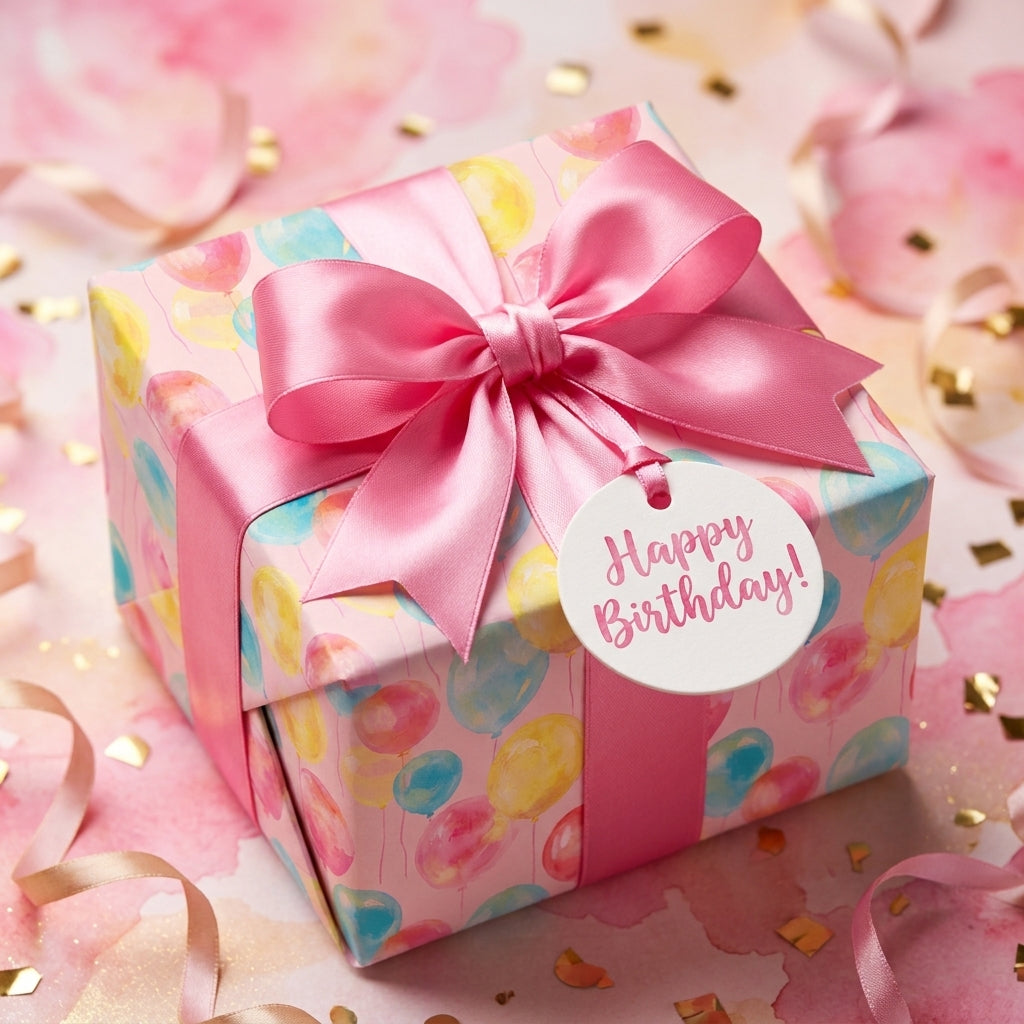 Pastel balloon birthday wrapping paper by Wrapped Studios with a pink satin bow and Happy Birthday tag.