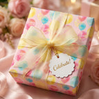 Pastel balloon birthday wrapping paper from Wrapped Studios with a sheer yellow ribbon and Celebrate gift tag.