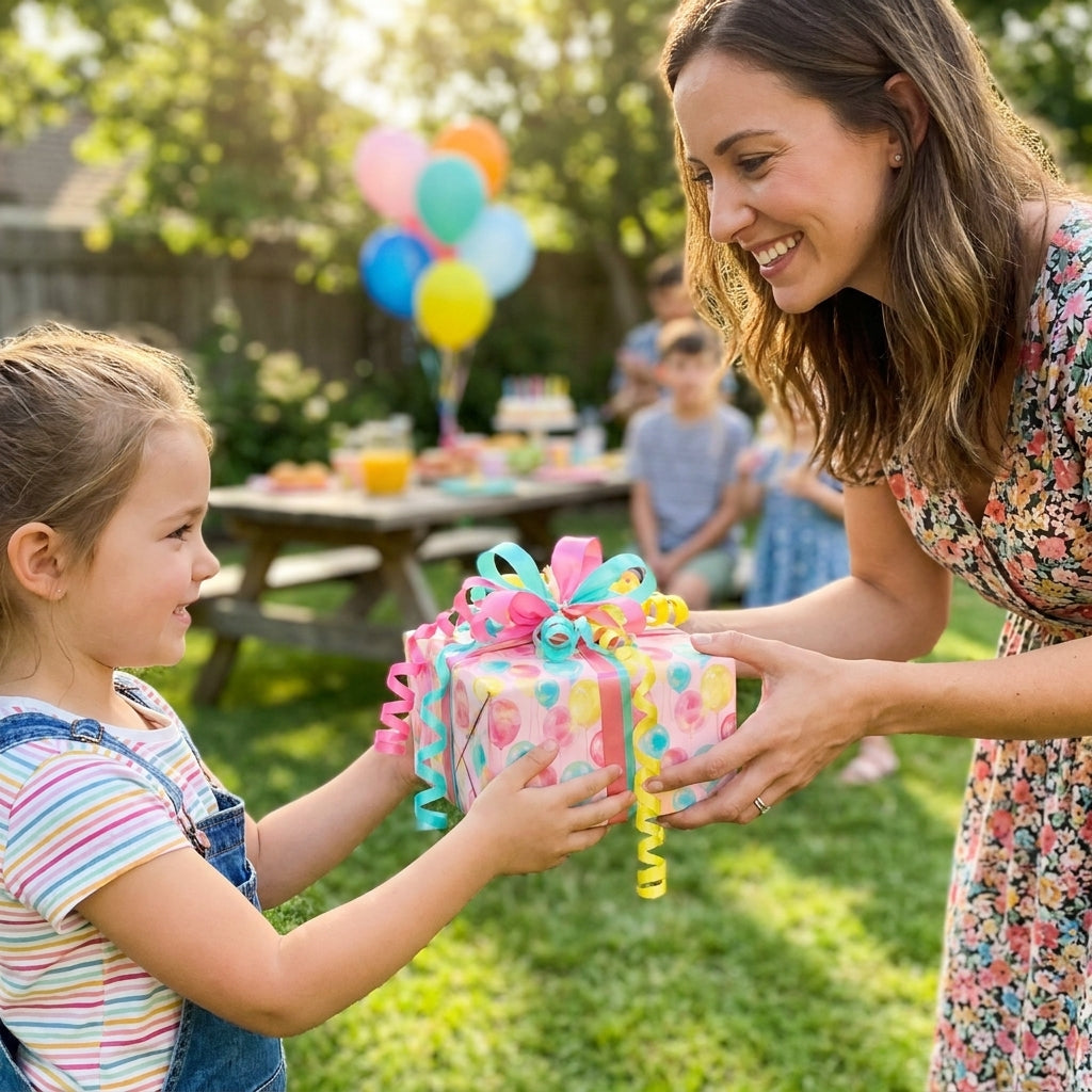Mother giving child a gift in pastel balloon birthday wrapping paper by Wrapped Studios.