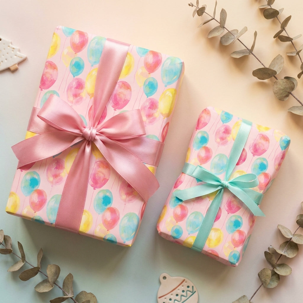 Pastel watercolor balloon birthday wrapping paper with pink and mint satin bows by Wrapped Studios.