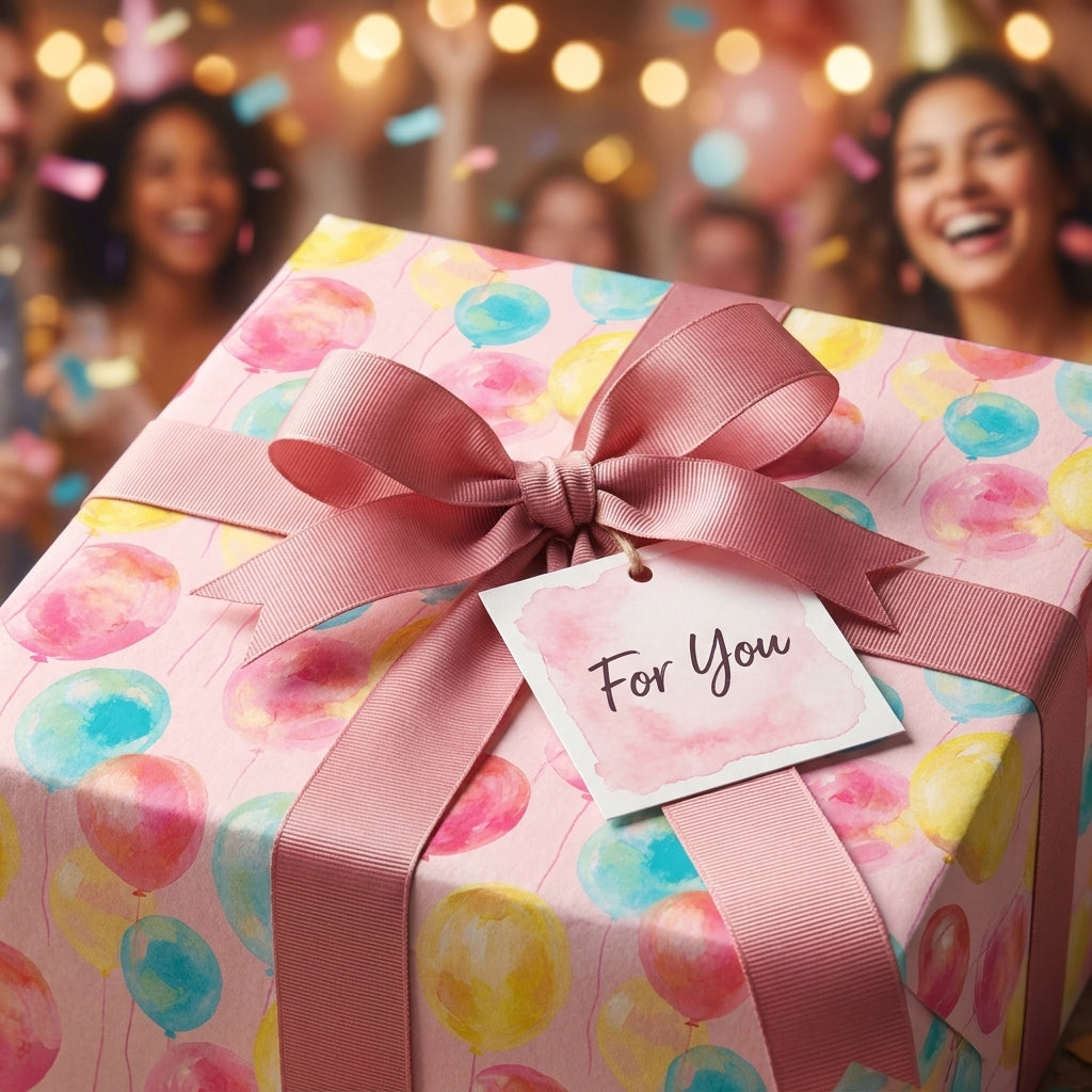 Watercolor balloon birthday wrapping paper by Wrapped Studios on a gift box with a pink bow at a party.