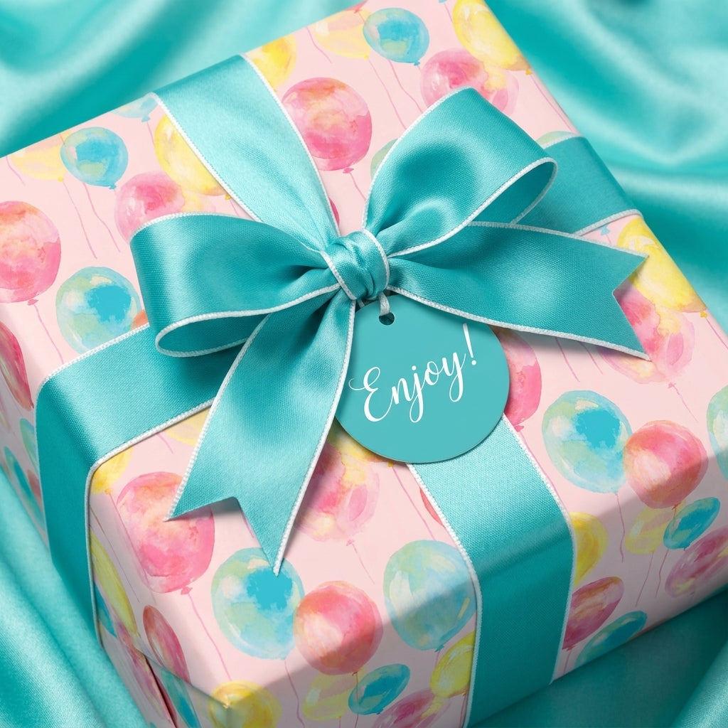 Pastel watercolor balloon birthday wrapping paper with a teal satin ribbon by Wrapped Studios.