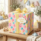 Watercolor balloon baby shower wrapping paper with a yellow gingham bow by Wrapped Studios.