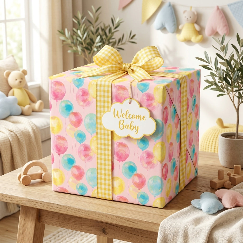 Watercolor balloon baby shower wrapping paper with a yellow gingham bow by Wrapped Studios.