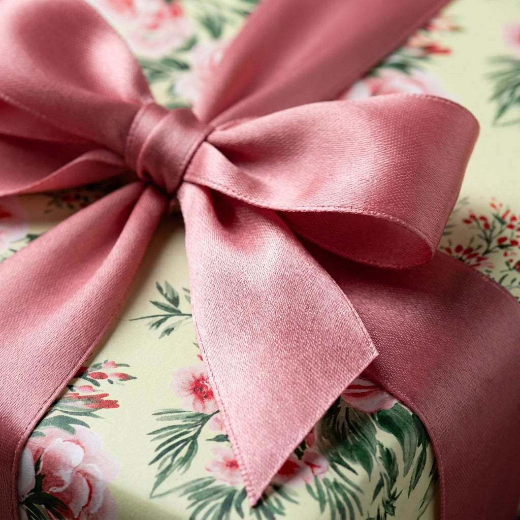 Elegant floral wrapping paper with a dusty pink satin bow on a luxury gift box by Wrapped Studios.
