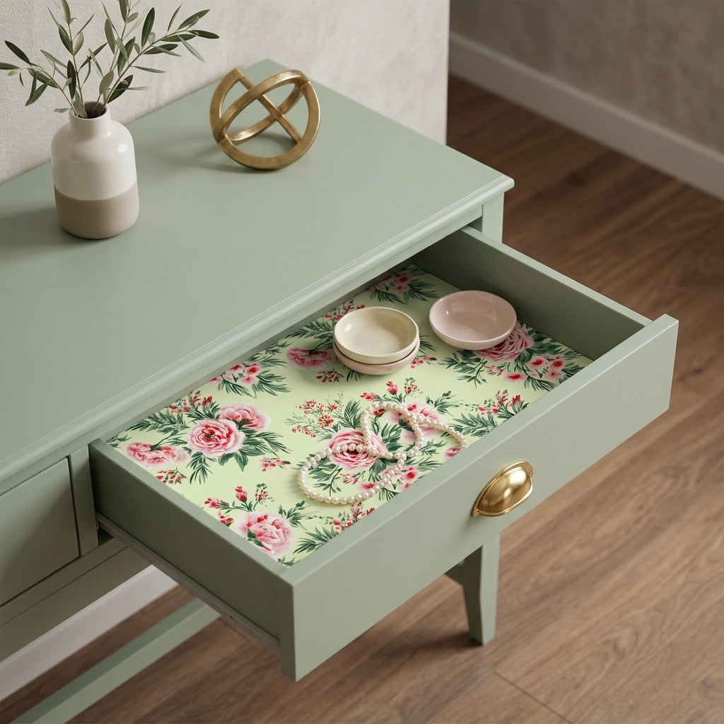 Pink rose floral wrapping paper used as a luxury drawer liner in a sage green table, by Wrapped Studios.
