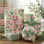 Wrapped Studios luxury floral wrapping paper with pink roses on elegant wedding and birthday gift boxes.