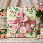 Luxury floral wrapping paper with pink roses and a satin bow, by Wrapped Studios.