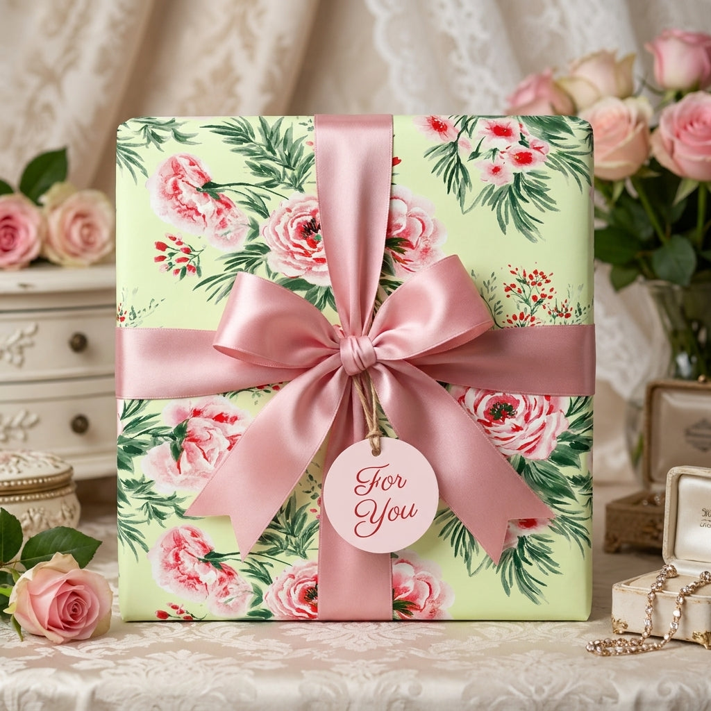 Luxury floral wrapping paper with pink roses and a satin bow, by Wrapped Studios.