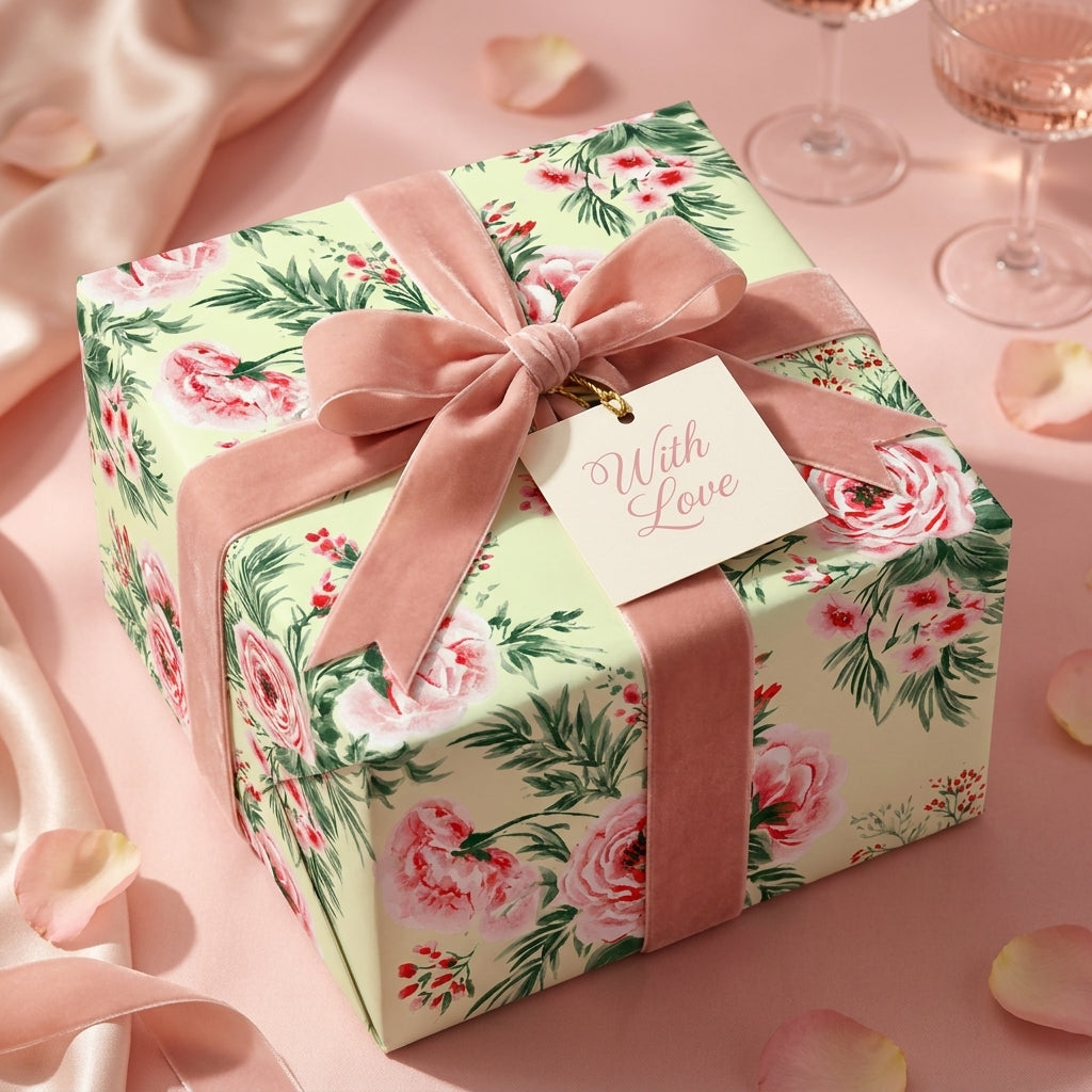Floral wrapping paper with a pink velvet bow on a luxury gift box by Wrapped Studios.