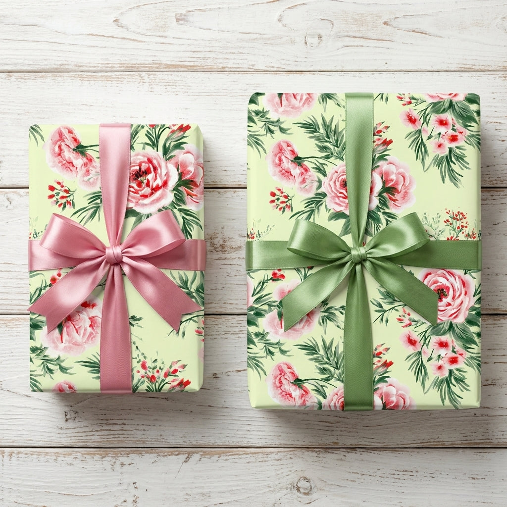 Vintage floral wrapping paper with pink roses and satin bows on gift boxes by Wrapped Studios.