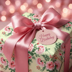 Luxury floral wrapping paper with a pink satin bow and Happy Birthday tag by Wrapped Studios.