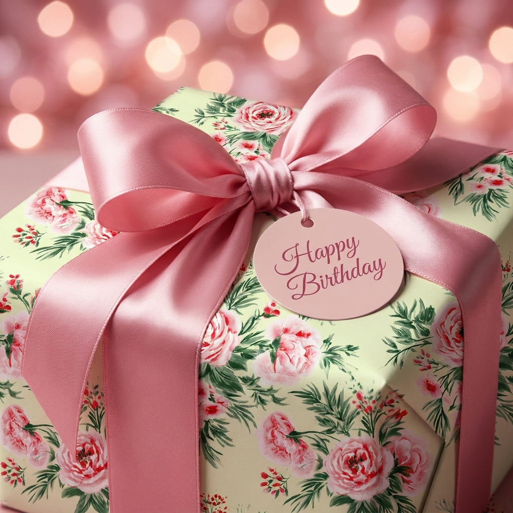 Luxury floral wrapping paper with a pink satin bow and Happy Birthday tag by Wrapped Studios.