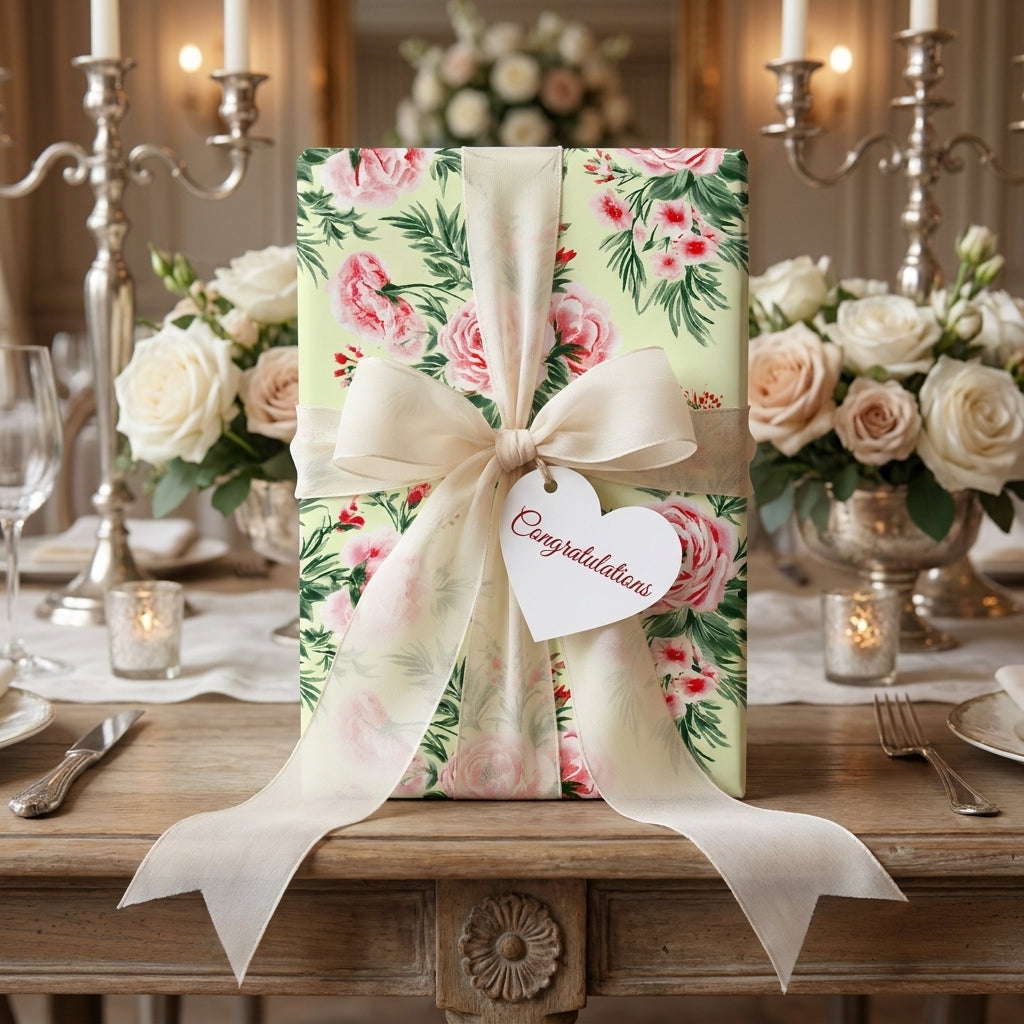 Elegant floral wrapping paper with a cream bow and congratulations tag by Wrapped Studios.