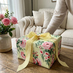 Luxury floral wrapping paper with pink roses on a gift box with a yellow ribbon, by Wrapped Studios.