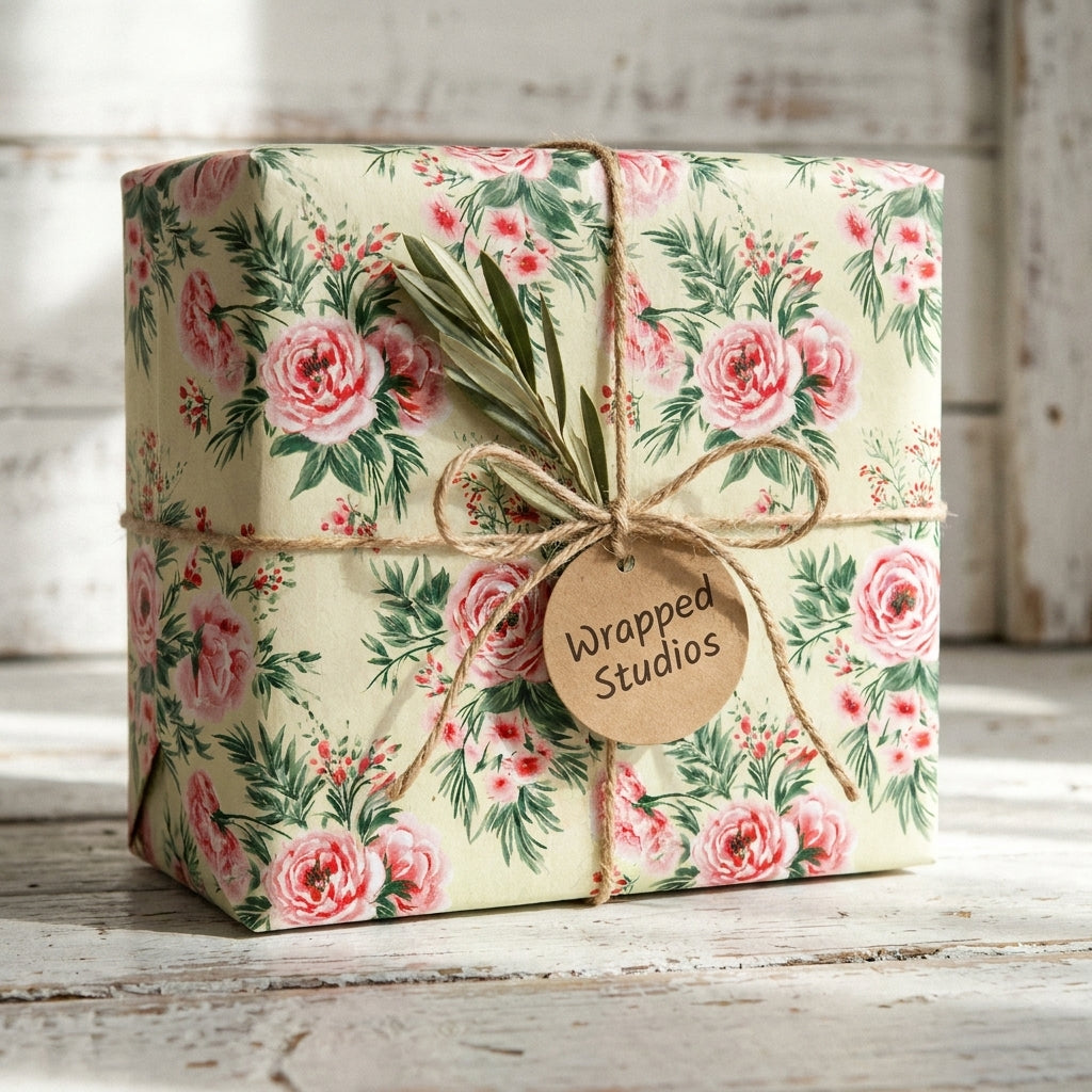 Vintage floral wrapping paper with pink roses, tied with rustic twine and a Wrapped Studios gift tag.
