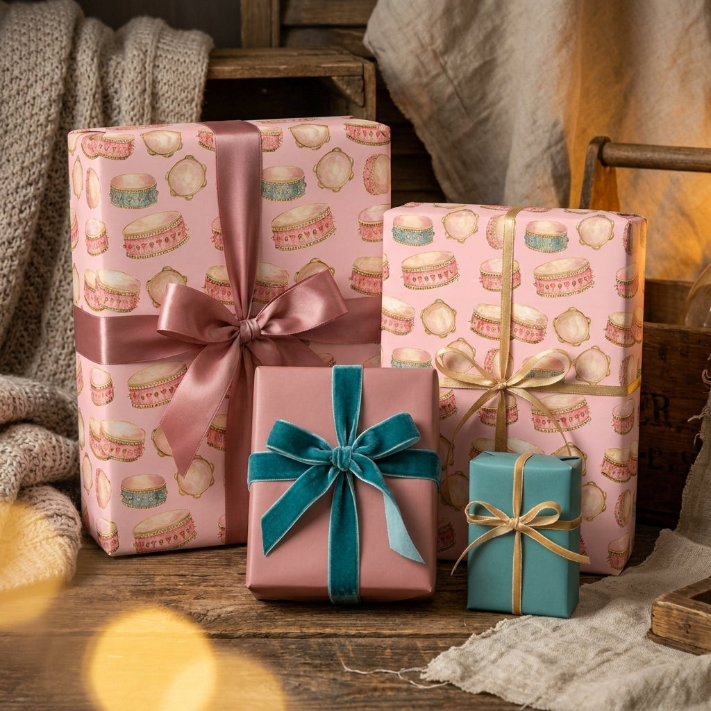 Whimsical pink drum wrapping paper with elegant satin and velvet bows by Wrapped Studios.
