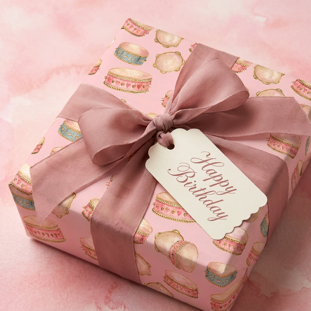 Pink watercolor drum birthday wrapping paper with a mauve ribbon and Happy Birthday tag by Wrapped Studios.