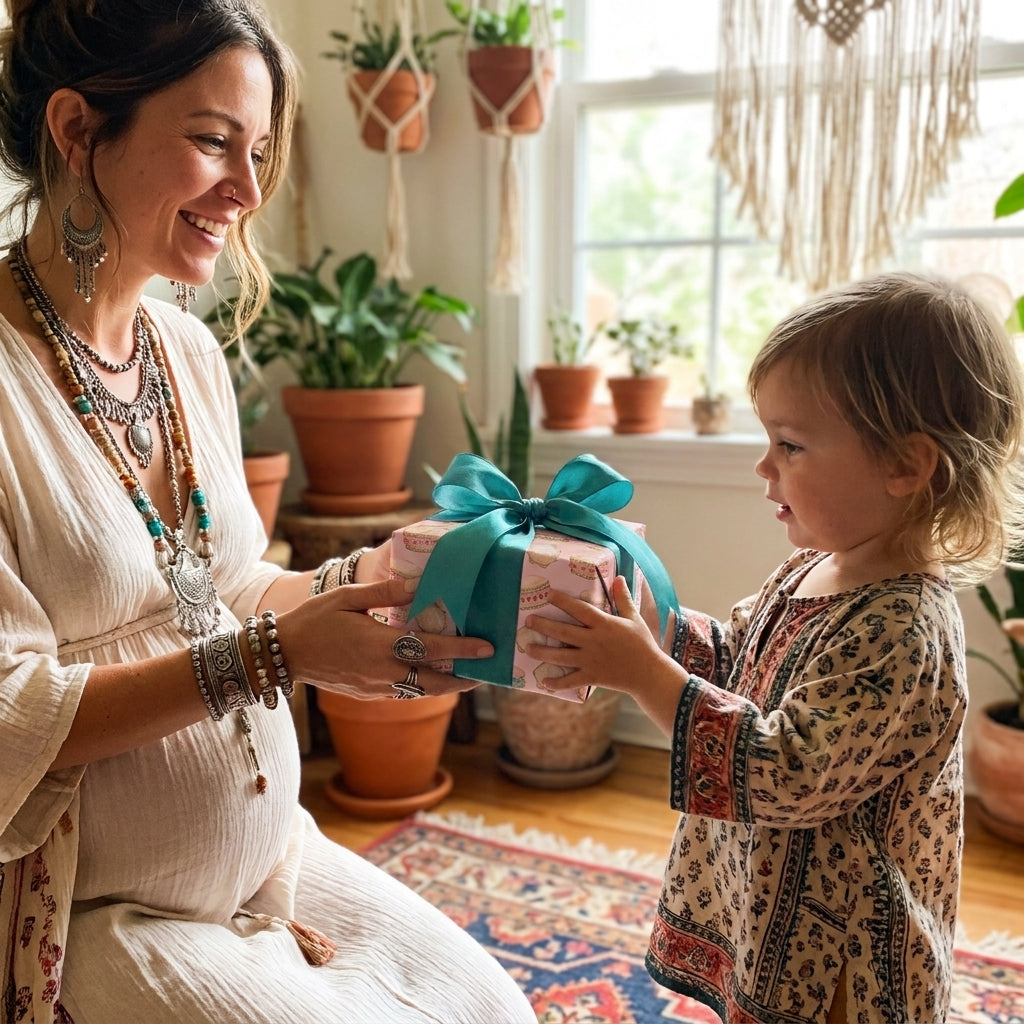 Boho pink birthday wrapping paper with a teal bow on a gift held by mother and child. Wrapped Studios.