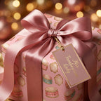 Pink luxury wrapping paper with whimsical tambourines and a satin bow by Wrapped Studios.