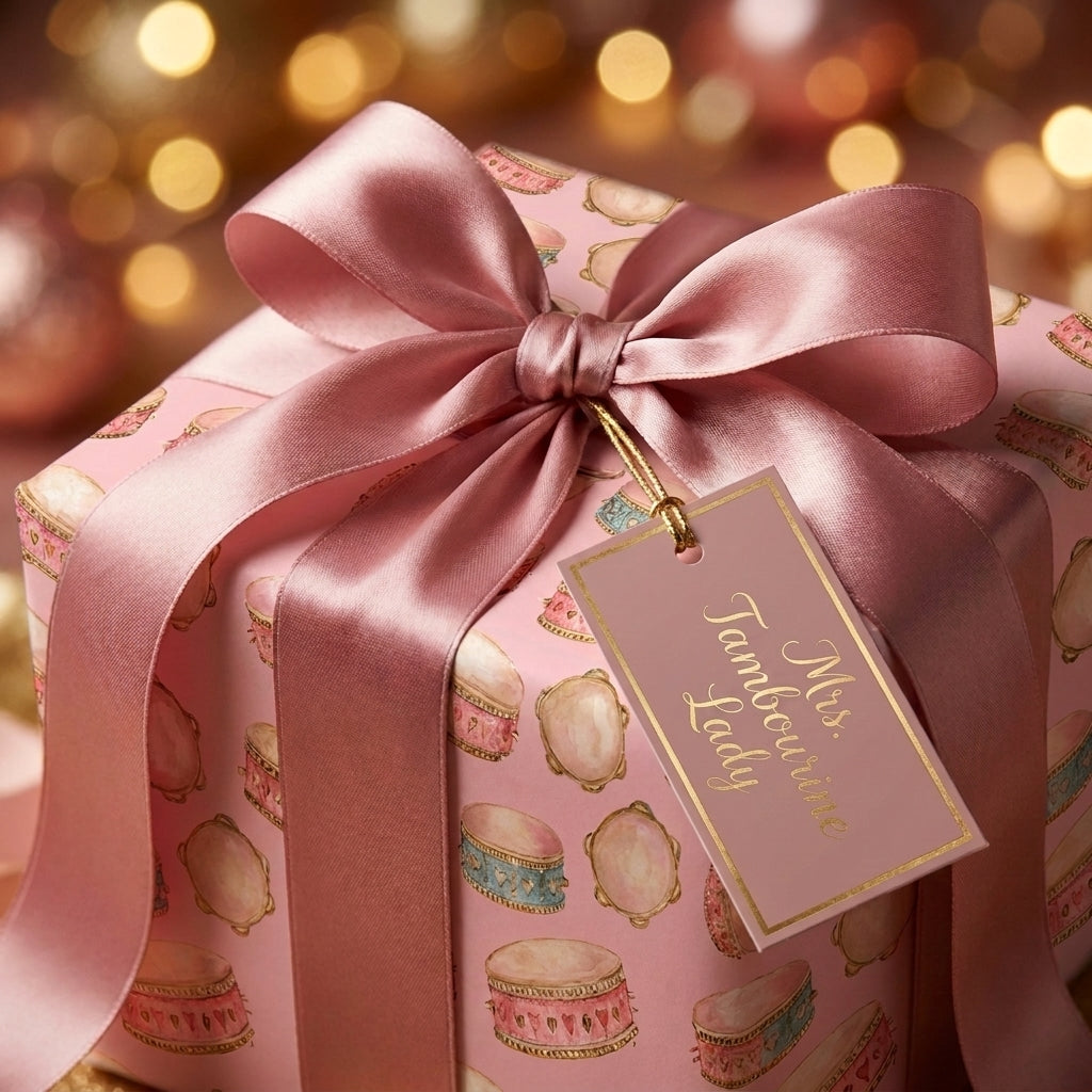 Pink luxury wrapping paper with whimsical tambourines and a satin bow by Wrapped Studios.