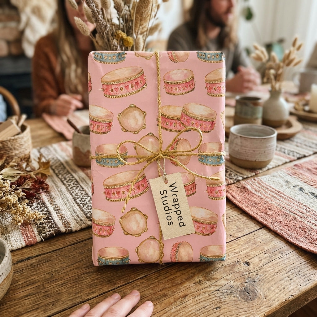 Boho pink wrapping paper with a whimsical tambourine print by Wrapped Studios, tied with rustic twine.