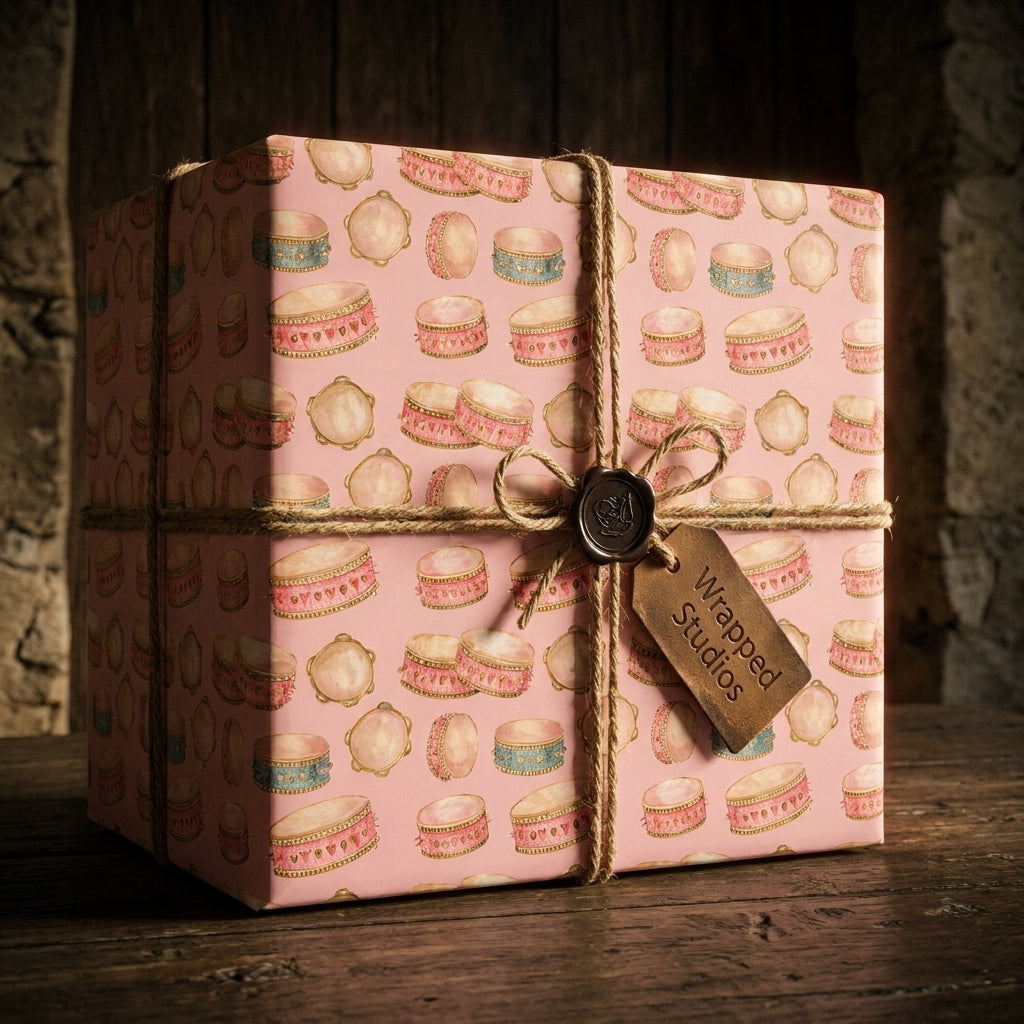 Pink vintage drum wrapping paper on a gift box with rustic twine by Wrapped Studios.