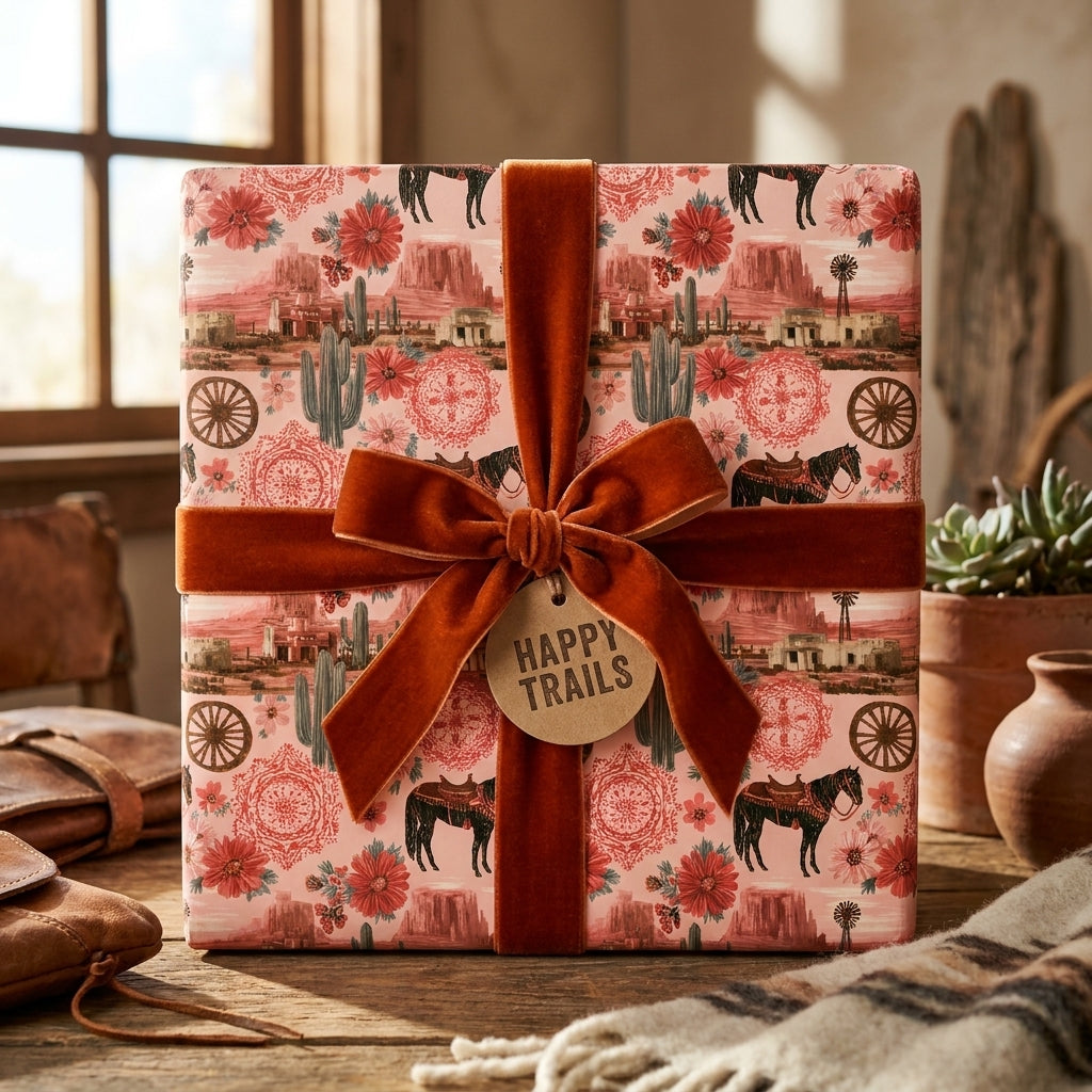 Pink western wrapping paper with horses and cacti, tied with a rust velvet bow by Wrapped Studios.