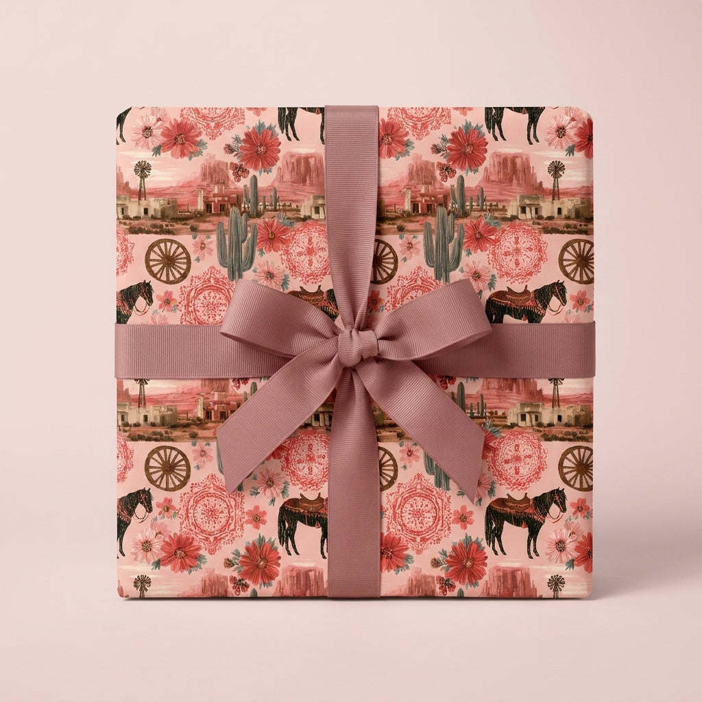 Western wrapping paper with horses and desert flowers on a gift box with a mauve bow by Wrapped Studios.