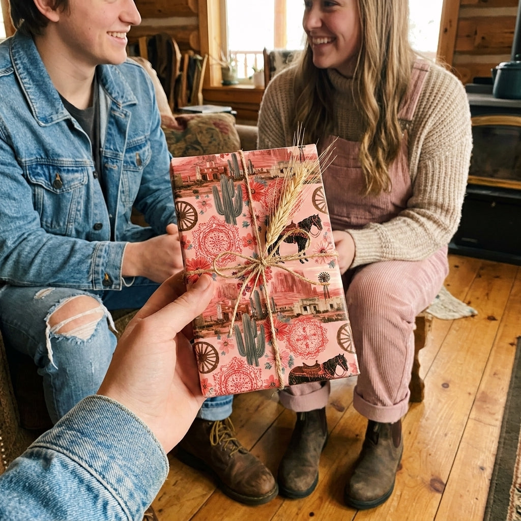 Rustic pink western wrapping paper by Wrapped Studios on a gift tied with twine, held towards a smiling couple.