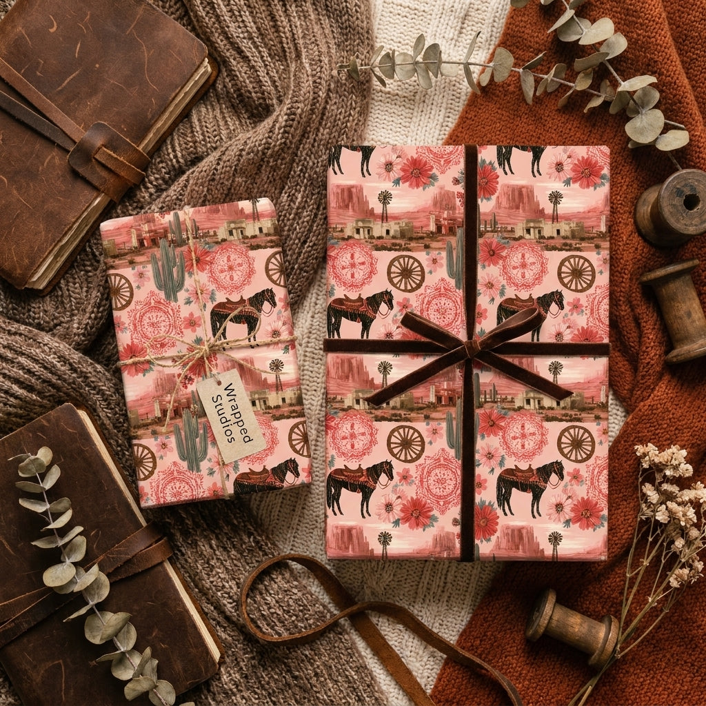 Rustic Western wrapping paper with a desert horse pattern on cozy gifts by Wrapped Studios.