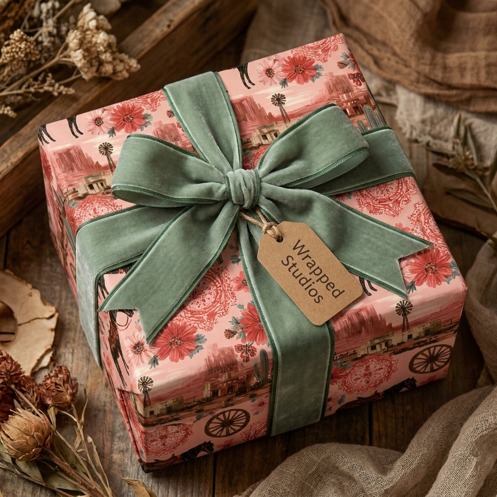 Vintage pink western floral wrapping paper with sage green velvet ribbon by Wrapped Studios.