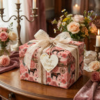 Vintage pink western wrapping paper with horses and lace ribbon by Wrapped Studios.