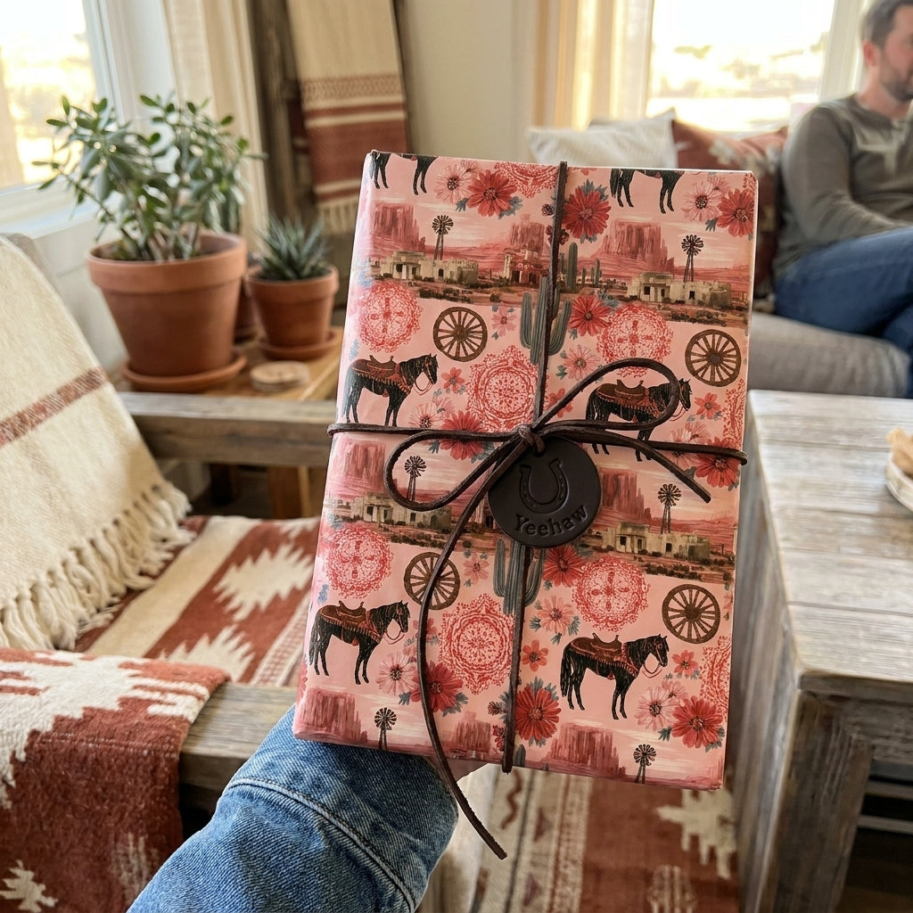 Pink western wrapping paper with horse and cactus pattern by Wrapped Studios, tied with a leather bow.
