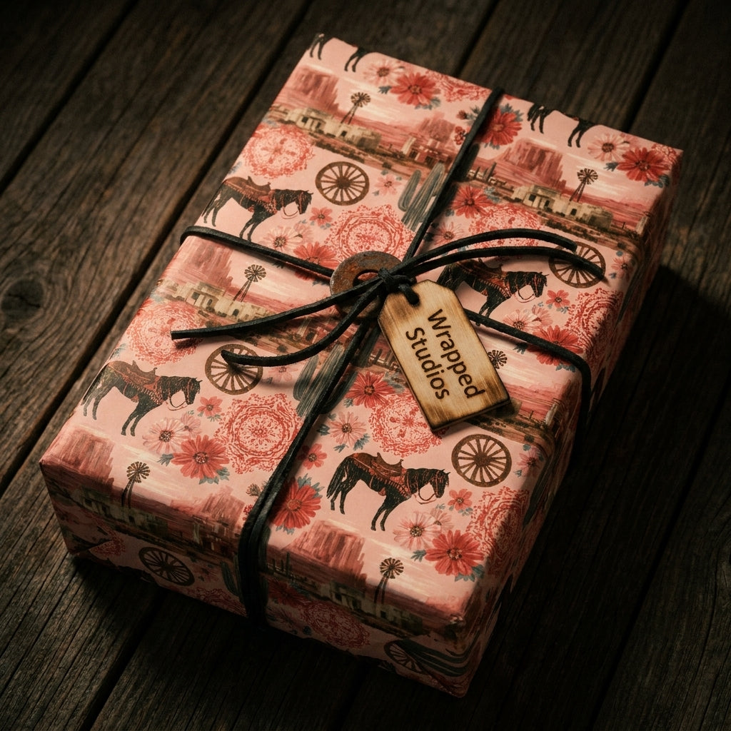 Vintage western wrapping paper with cowboy horse print on a rustic gift box by Wrapped Studios.