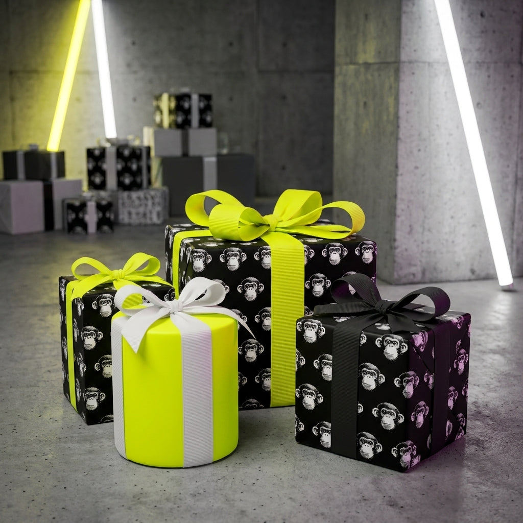 Modern black monkey wrapping paper and neon green gift wrap from Wrapped Studios.