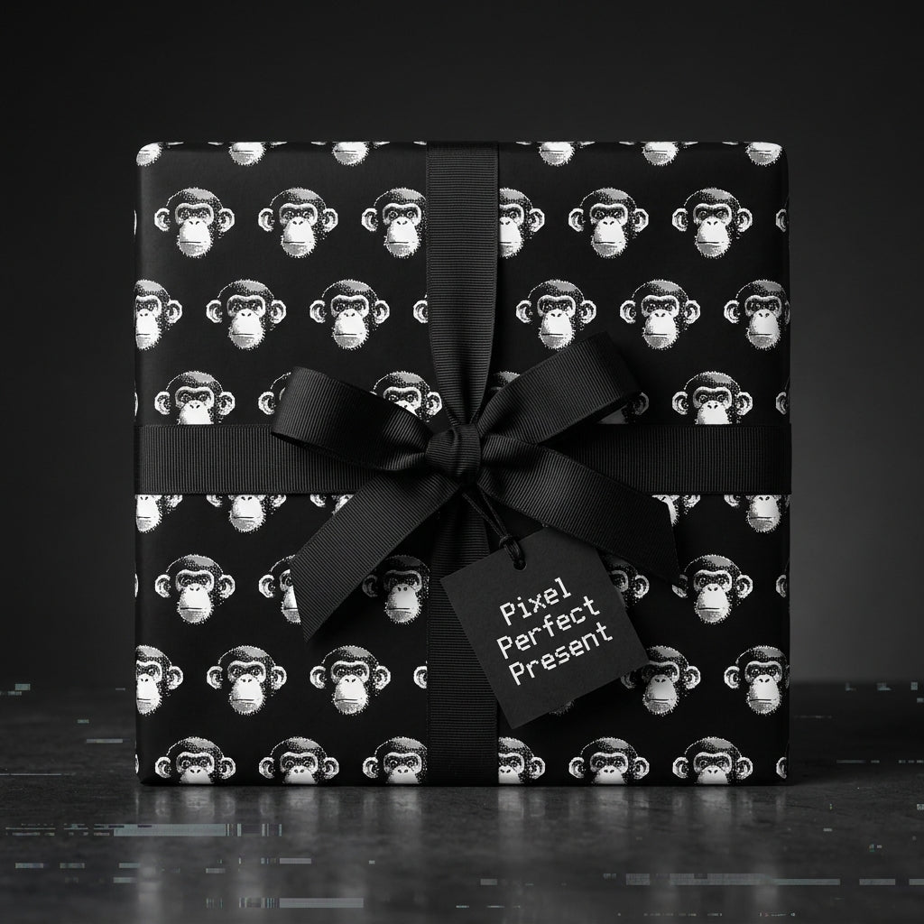 Quirky black and white monkey wrapping paper with a black bow, by Wrapped Studios.