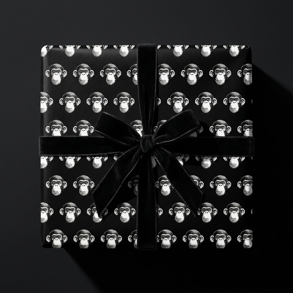 Luxury black and white monkey wrapping paper with a velvet bow on a gift box by Wrapped Studios.