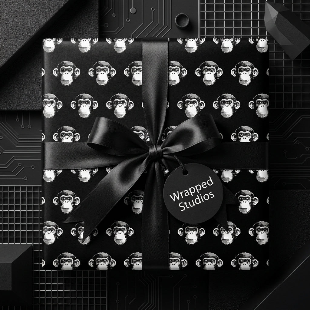 Quirky black monkey wrapping paper with a luxury satin bow by Wrapped Studios, ideal for unique birthday gift wrap.