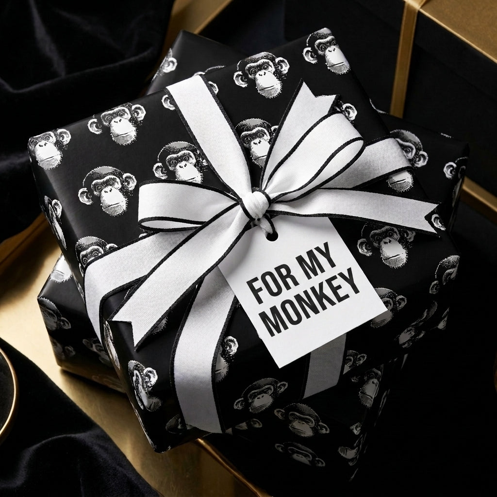 Black and white monkey wrapping paper with a matching bow and gift tag by Wrapped Studios.