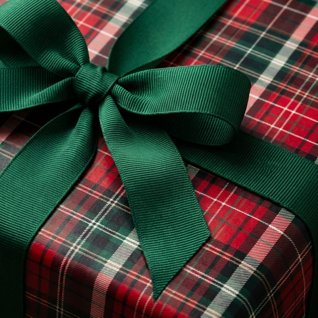 Festive Christmas gift wrapped in classic red tartan plaid paper and a lush green ribbon.