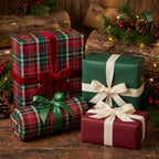 Festive Christmas gifts wrapped in plaid gift wrap with velvet ribbons, rustic wood background.
