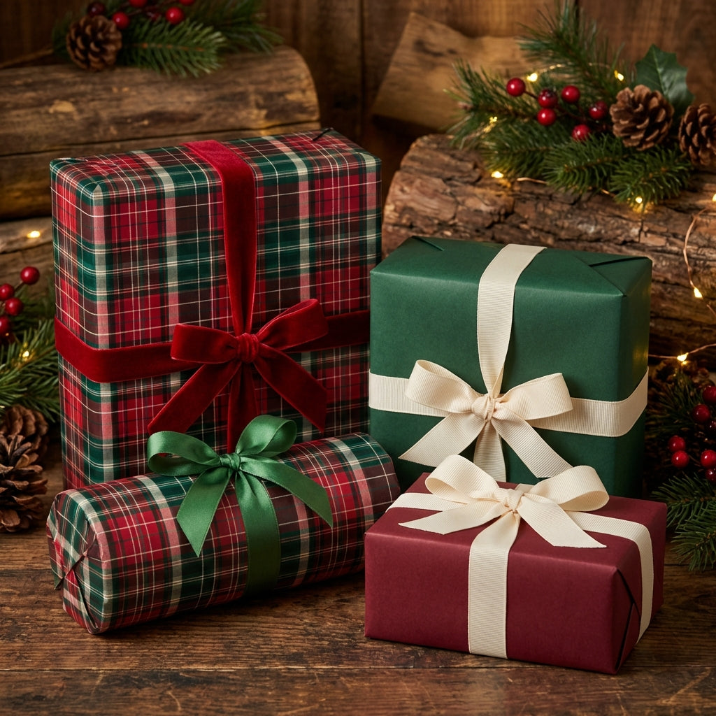 Festive Christmas gifts wrapped in plaid gift wrap with velvet ribbons, rustic wood background.